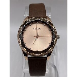 Geneva Women's Quartz Watch Rose Gold Case Brown Band- New Battery